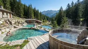 Piscine termali all’aperto tra boschi e montagne, con chalet in pietra e acqua fumante