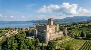 Castello medievale affacciato su un lago, circondato da colline verdi e vigneti in Italia