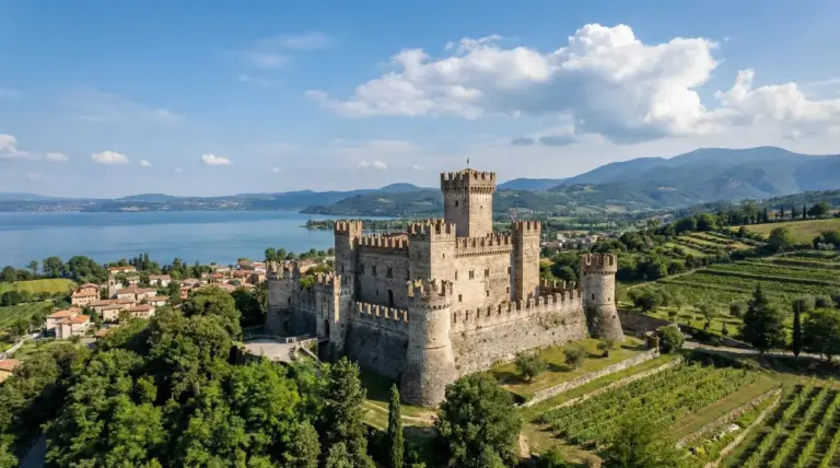 Castello medievale affacciato su un lago, circondato da colline verdi e vigneti in Italia