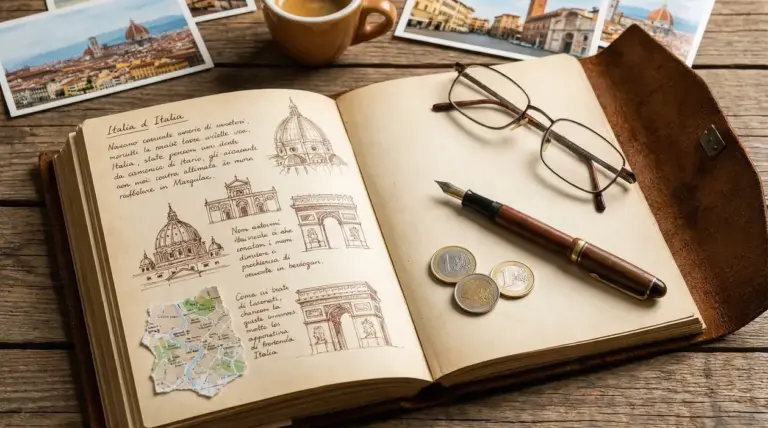 Taccuino di viaggio con schizzi di monumenti italiani, monete e cartoline su un tavolo di legno