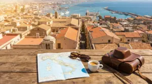 Veduta di una città portuale italiana con mappa, caffè e borsa da viaggio su un tavolo panoramico