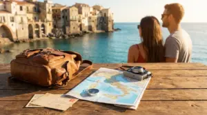 Due persone sul lungomare con mappa, macchina fotografica e zaino davanti a un borgo sul mare