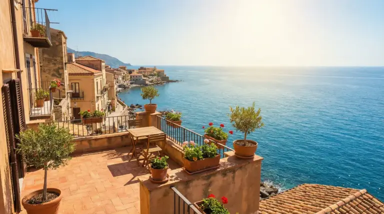 Terrazza affacciata sul mare in un borgo costiero della Sicilia, ideale per un soggiorno vista mare economico