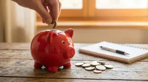 Una mano inserisce una moneta in un salvadanaio rosso su un tavolo, accanto a taccuino e spiccioli