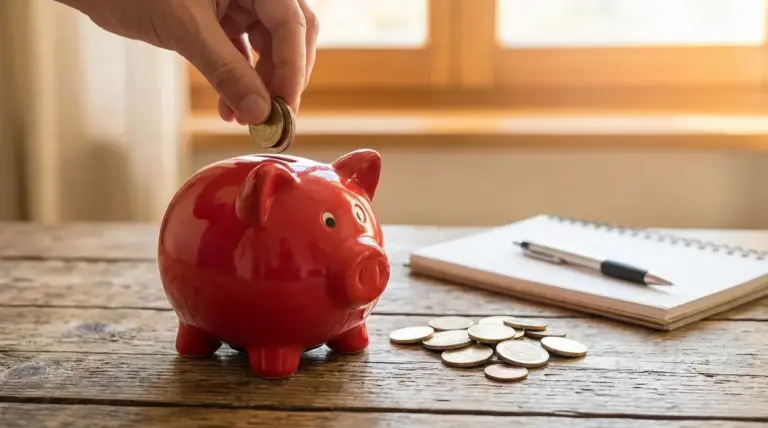 Una mano inserisce una moneta in un salvadanaio rosso su un tavolo, accanto a taccuino e spiccioli