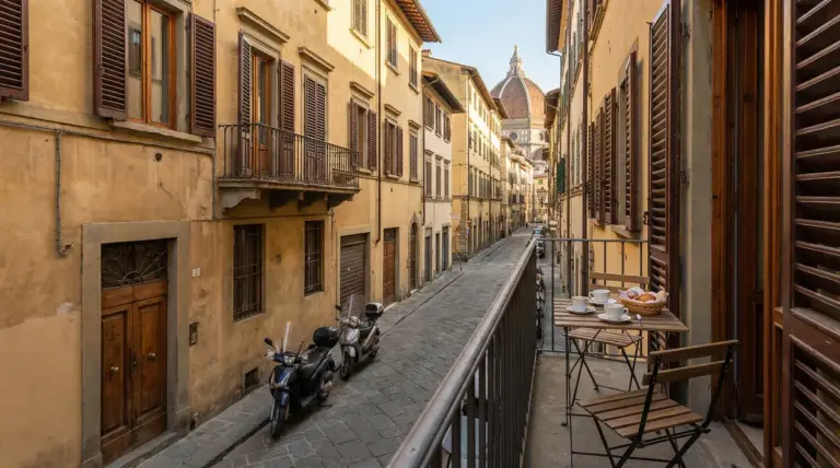 Balcone su una strada del centro di Firenze con vista sul Duomo, ideale per un soggiorno economico