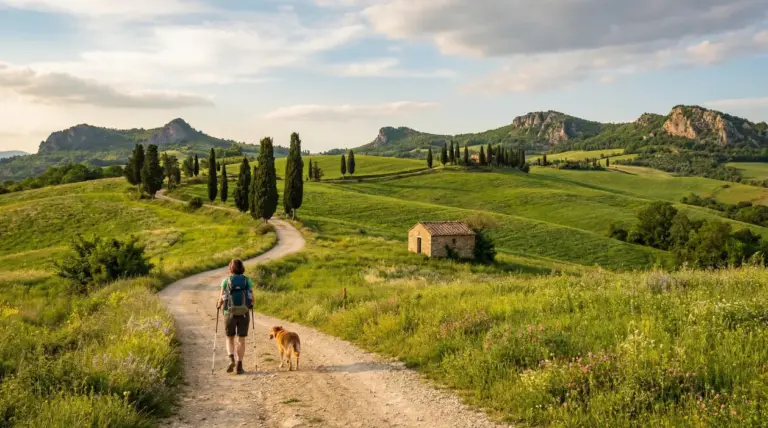 Escursionista con cane su sentiero tra colline verdi e cipressi, in un paesaggio naturale ideale per una gita