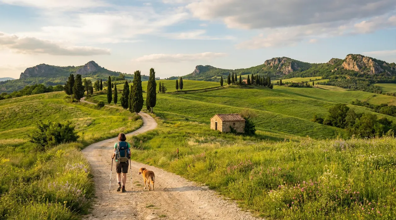 Escursionista con cane su sentiero tra colline verdi e cipressi, in un paesaggio naturale ideale per una gita