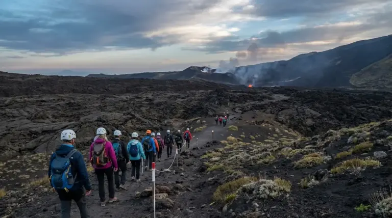 Gruppo di escursionisti con casco su sentiero lavico dell’Etna, con crateri fumanti sullo sfondo