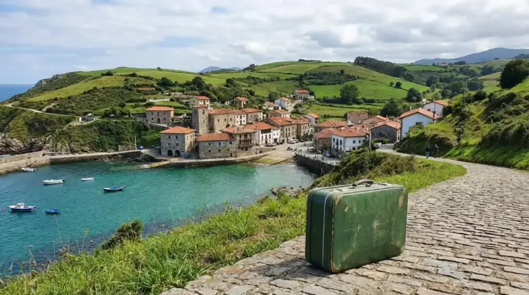 Valigia su strada acciottolata con vista su un borgo costiero europeo e baia tranquilla tra colline verdi