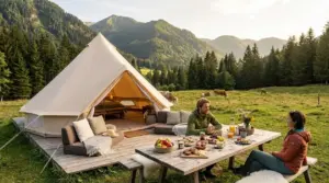 Due persone fanno colazione davanti a una tenda glamping in montagna, circondate da boschi e prati.