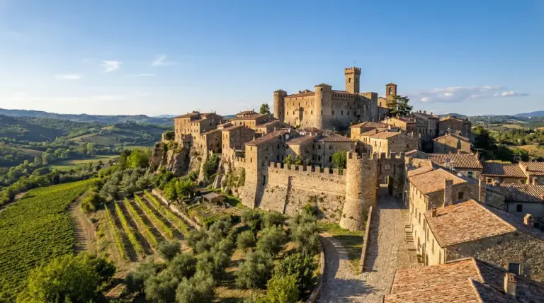 Borgo medievale italiano in pietra con castello, vigneti e colline al tramonto