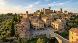 Veduta panoramica di un borgo medievale in Italia con case in pietra, ponte e castello al tramonto