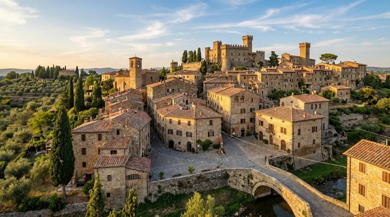Veduta panoramica di un borgo medievale in Italia con case in pietra, ponte e castello al tramonto