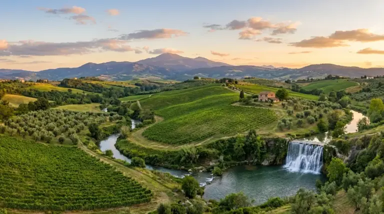 Paesaggio collinare con vigneti, cascata, fiume e casale al tramonto, con montagne sullo sfondo