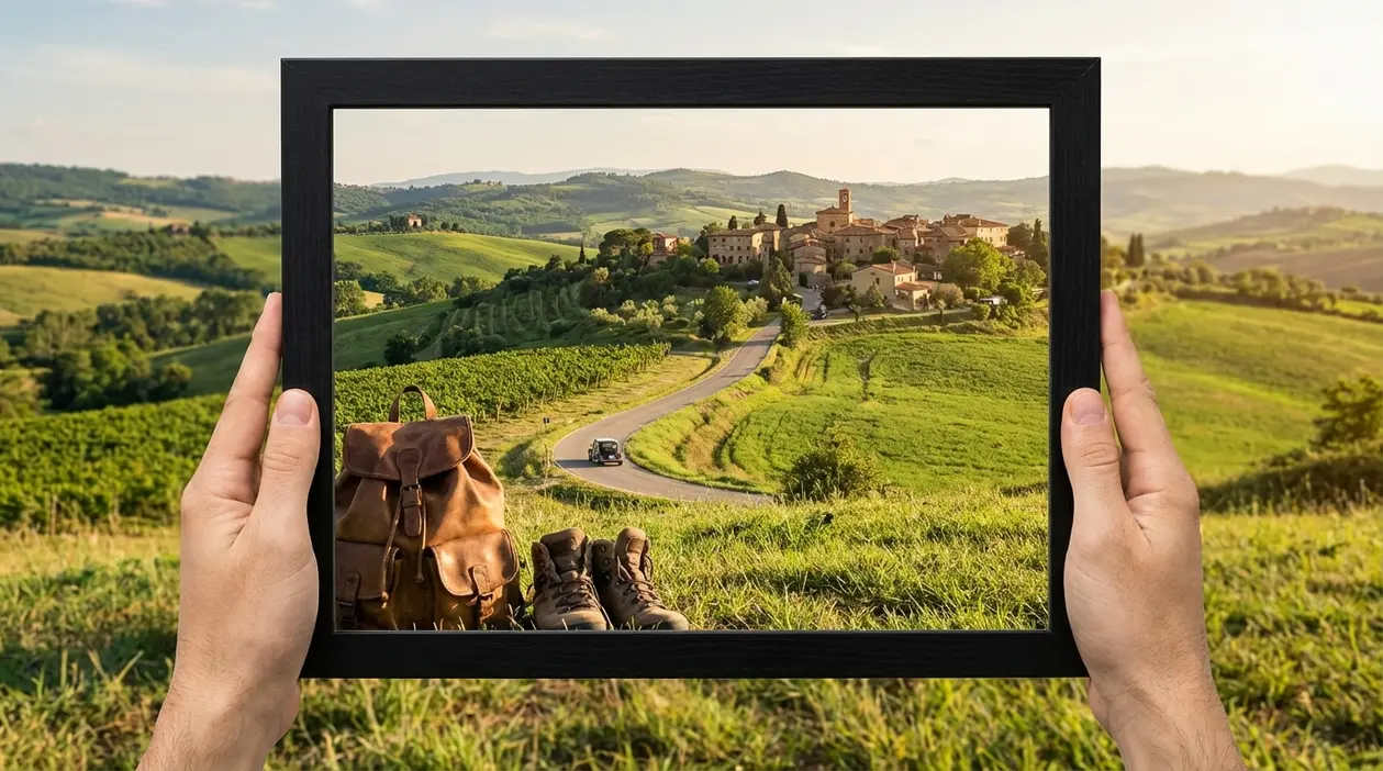 Mani tengono una cornice sul paesaggio collinare con borgo, strada panoramica, zaino e scarponi in primo piano