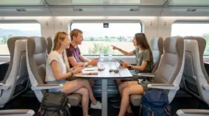 Tre giovani viaggiatori seduti in treno conversano e usano smartphone e tablet durante il viaggio