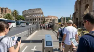 Visitatori con biglietto digitale all’ingresso del Colosseo, con accesso ai tornelli senza fare fila