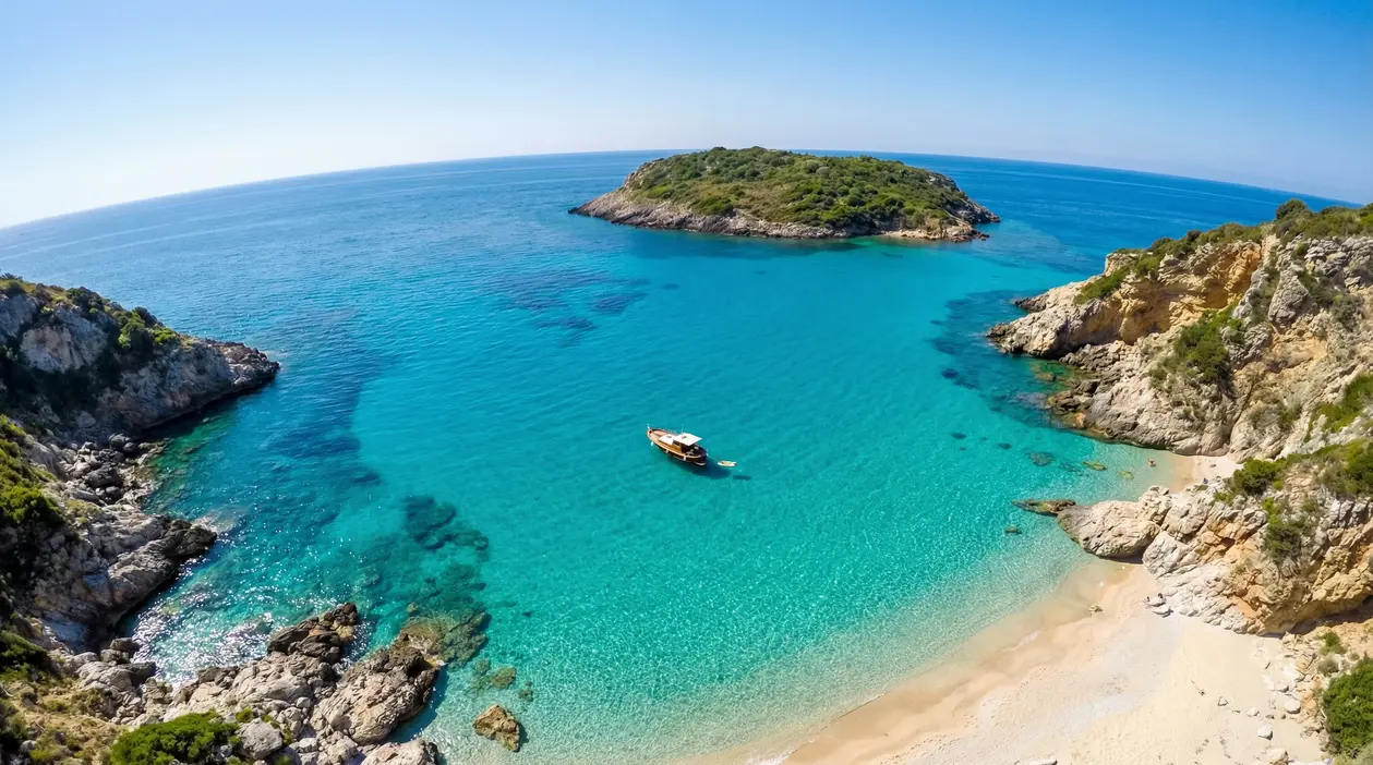 Cala con mare turchese, spiaggia sabbiosa, scogliere rocciose e una barca davanti a una piccola isola italiana