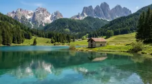 Lago alpino cristallino con baita, boschi e montagne delle Dolomiti sullo sfondo