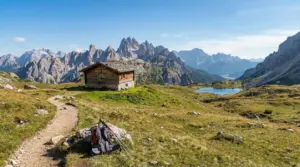 Baita di montagna con sentiero, zaino e lago alpino tra cime rocciose panoramiche