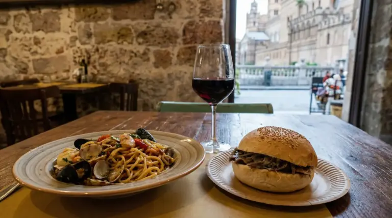 Piatto di pasta, panino e calice di vino su un tavolo in un locale del centro di Palermo
