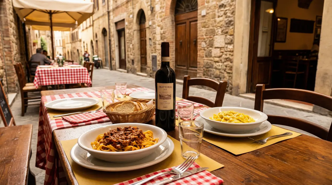 Tavoli all’aperto di una trattoria italiana con piatti di pasta, pane e vino in un borgo storico