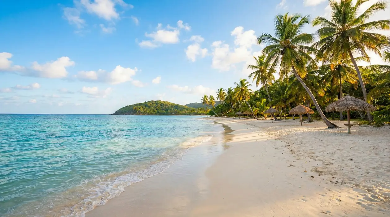 Spiaggia tropicale tranquilla con mare turchese, sabbia bianca e palme, ideale per vacanze al caldo tutto l'anno