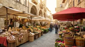 Bancarelle di formaggi, salumi, frutta, verdura e fiori in un mercato storico in una strada di pietra in Italia