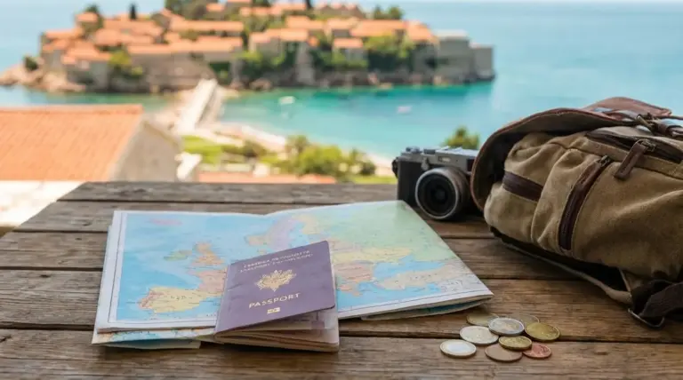 Passaporto, mappa, fotocamera e zaino su un tavolo con vista mare, ideale per un viaggio da solo all’estero