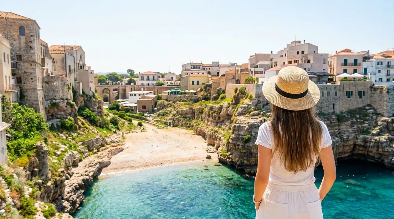 Donna con cappello osserva un borgo costiero italiano con calette rocciose e mare cristallino