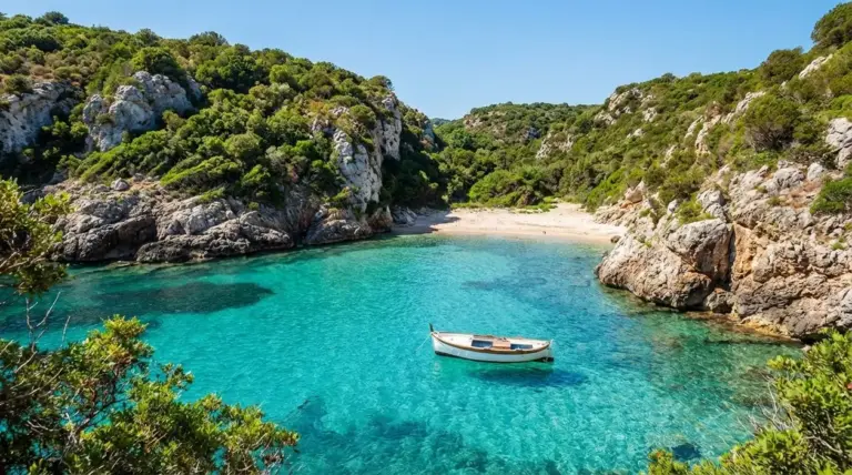 Piccola cala nascosta con acqua turchese, barca solitaria e scogli verdi, ideale per una vacanza lontano dalla folla