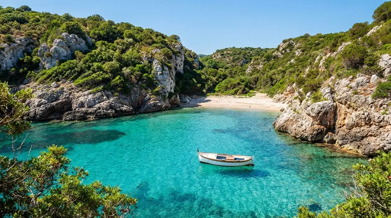 Piccola cala nascosta con acqua turchese, barca solitaria e scogli verdi, ideale per una vacanza lontano dalla folla