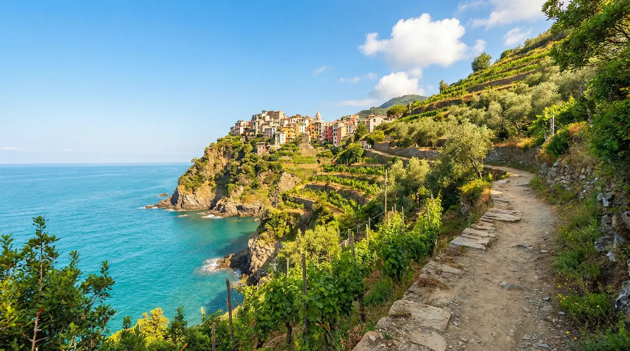 Sentiero panoramico con vigneti e borgo sul mare nelle Cinque Terre in una giornata di sole