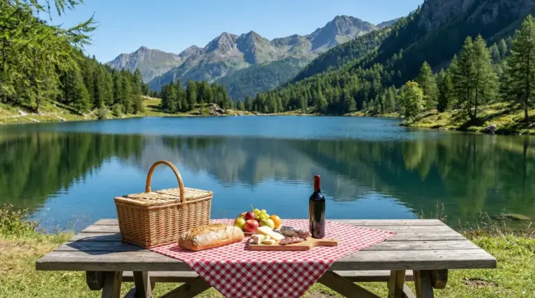 Picnic su tavolo in legno davanti a un lago alpino tra boschi e montagne in Lombardia