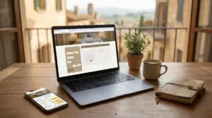 Laptop e smartphone con portali di prenotazione B&B aperti su un tavolo, con vista su un borgo
