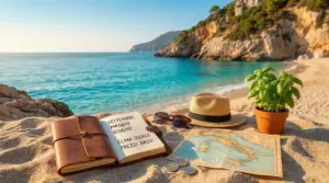 Spiaggia italiana con mare turchese, cappello, mappa e taccuino sulla sabbia per pianificare una vacanza al mare