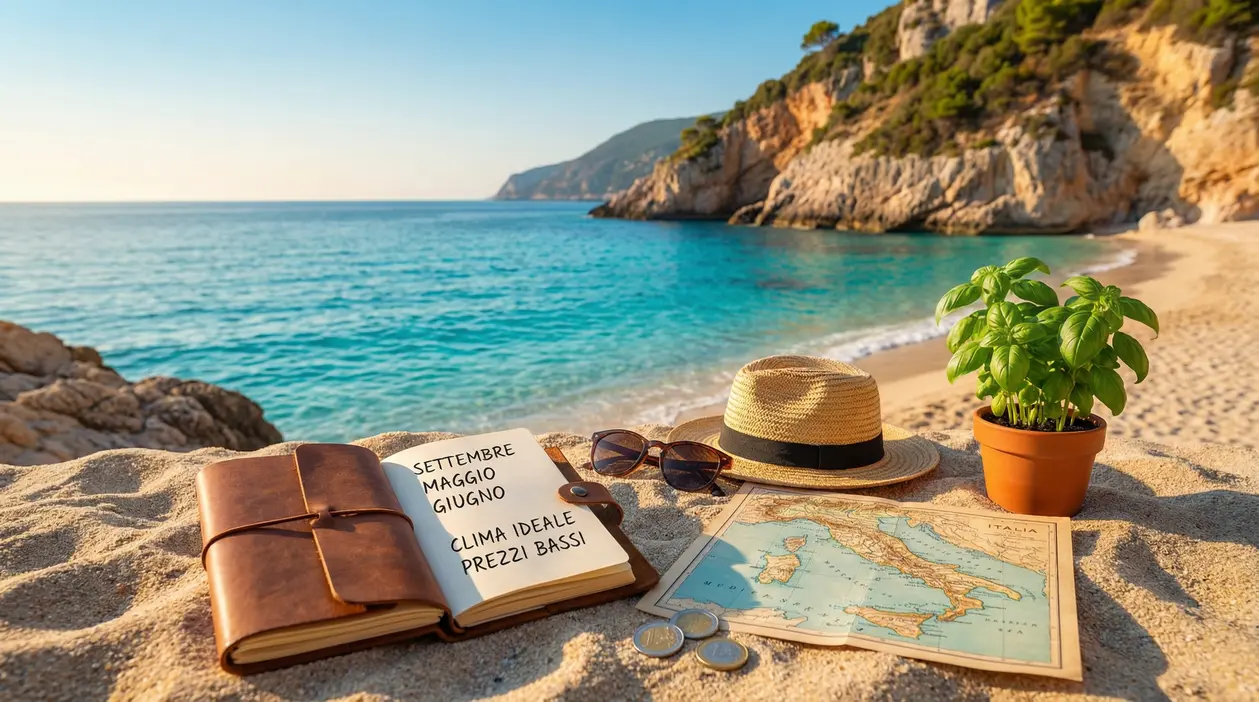 Spiaggia italiana con mare turchese, cappello, mappa e taccuino sulla sabbia per pianificare una vacanza al mare