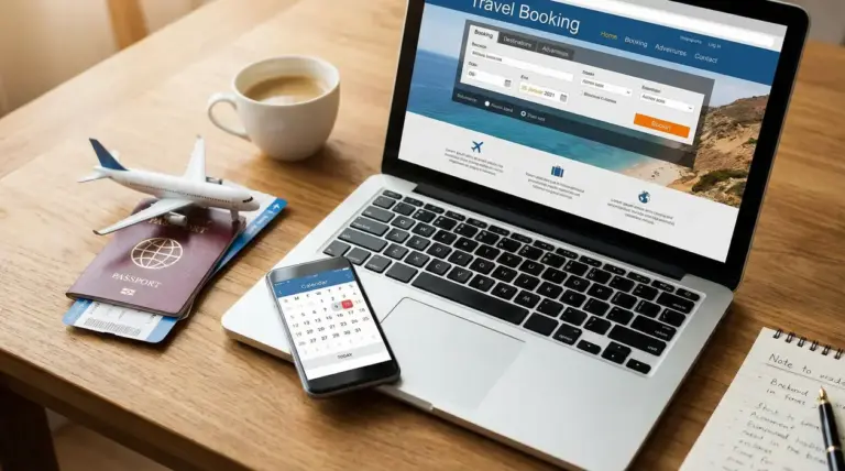 Laptop con sito di prenotazione voli, passaporto, carta d’imbarco, smartphone e modellino di aereo su un tavolo