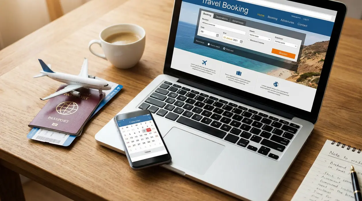 Laptop con sito di prenotazione voli, passaporto, carta d’imbarco, smartphone e modellino di aereo su un tavolo