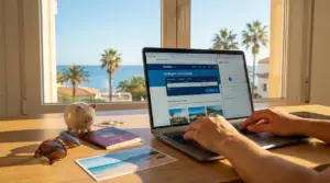 Persona che prenota vacanze estive online con laptop, salvadanaio e passaporto davanti al mare