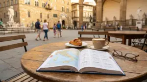 Tavolino in una piazza storica italiana con guida di viaggio, caffè e cornetto, sullo sfondo turisti e statue