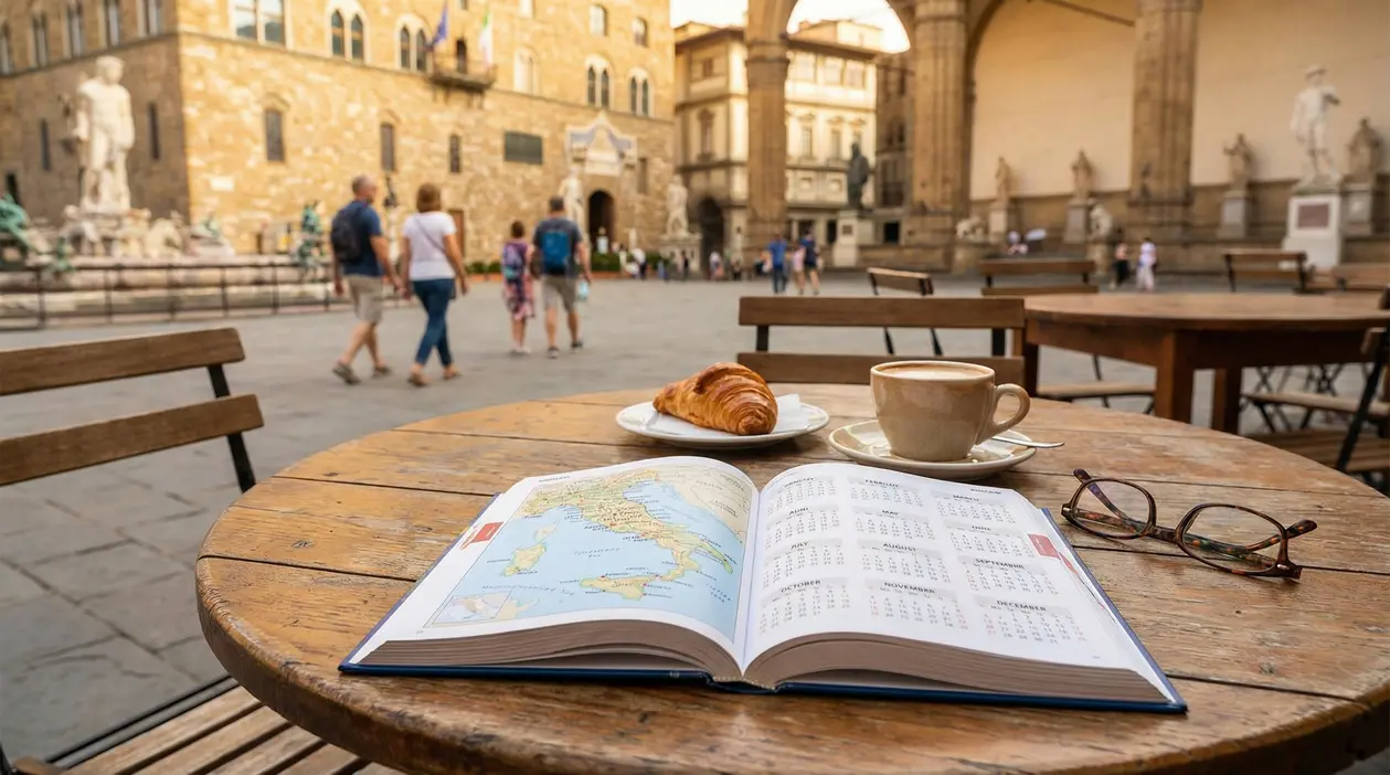 Tavolino in una piazza storica italiana con guida di viaggio, caffè e cornetto, sullo sfondo turisti e statue