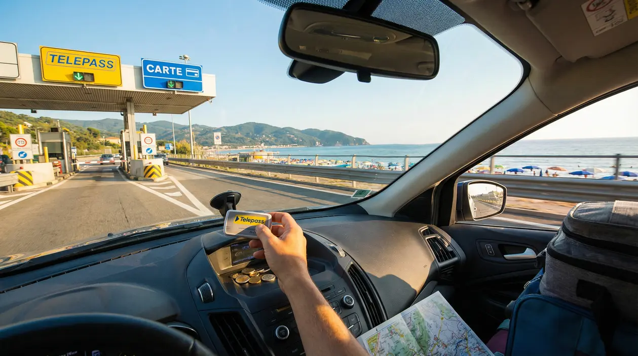 Auto al casello autostradale sul mare durante le vacanze, con dispositivo Telepass in primo piano