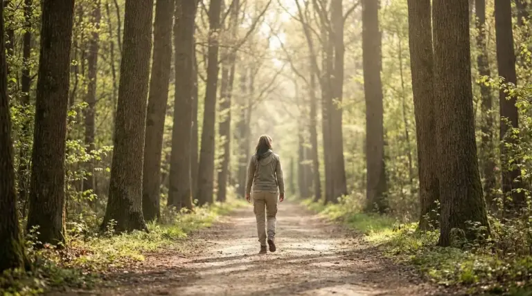 Una persona cammina lungo un sentiero nel bosco illuminato dal sole, in un'atmosfera calma e rigenerante