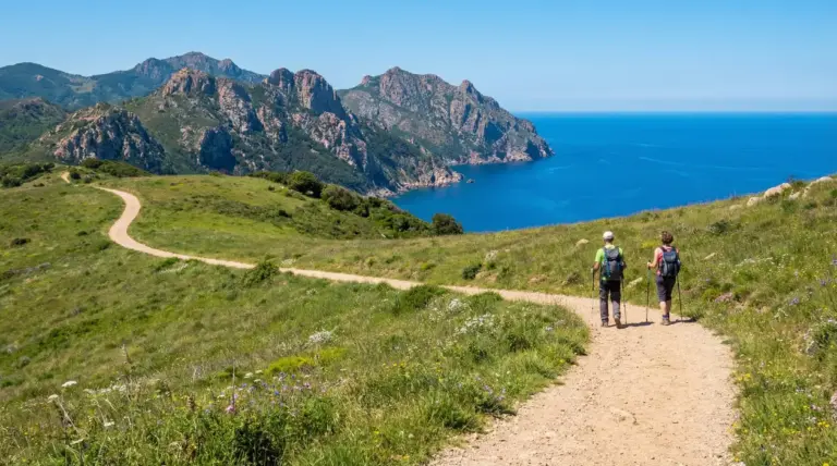 Due escursionisti su un sentiero panoramico costiero tra prati, montagne rocciose e mare azzurro