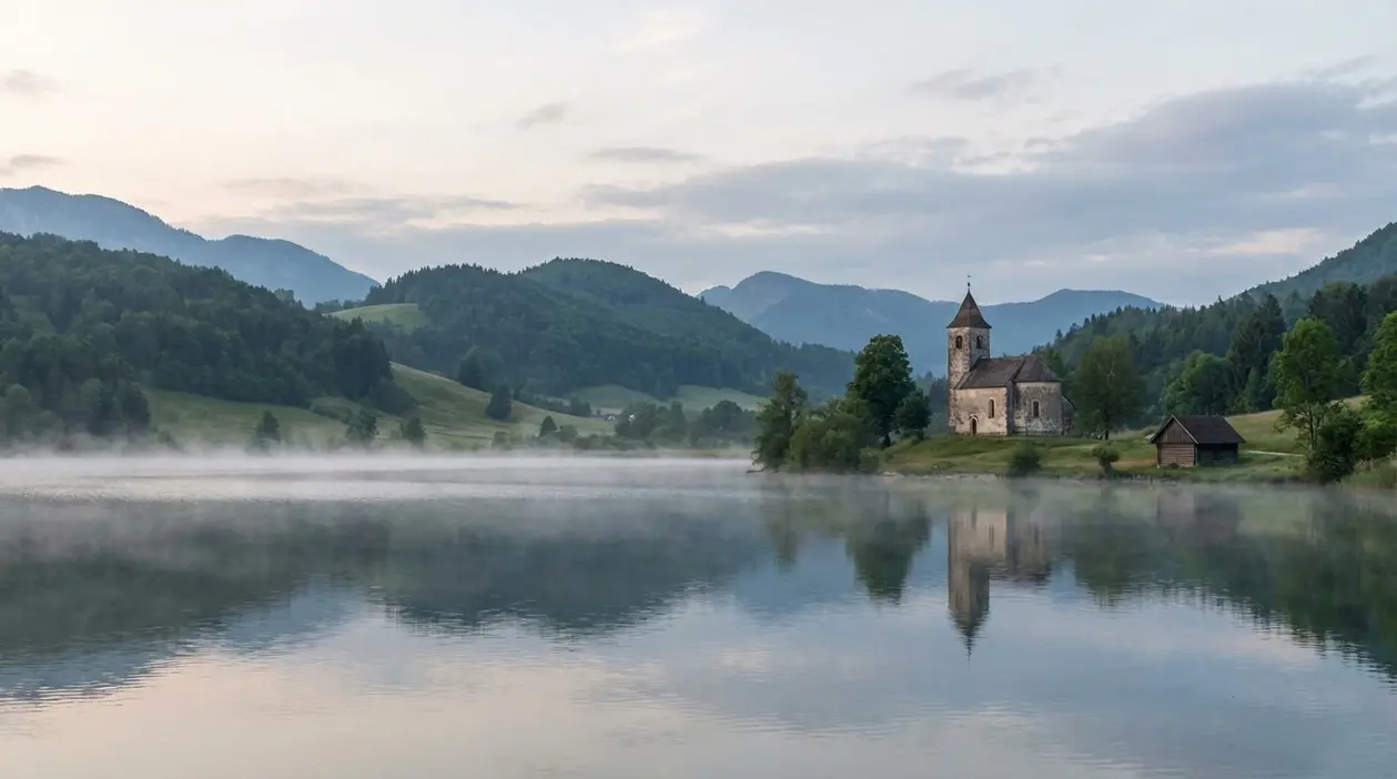 Chiesetta sul lago avvolto dalla foschia, con colline boscose e montagne sullo sfondo