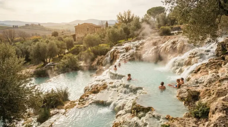 Persone immerse in terme naturali gratuite tra rocce, vapore e colline della campagna italiana