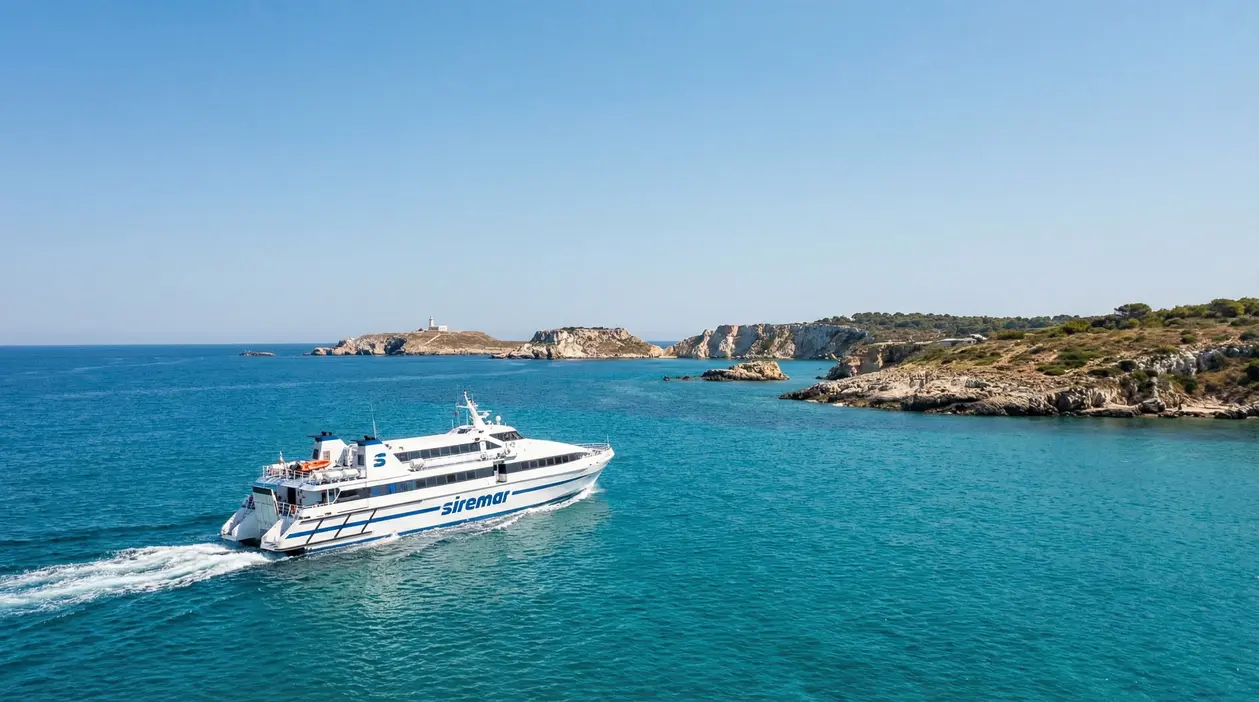 Traghetto in navigazione verso le Isole Tremiti tra mare turchese e costa rocciosa