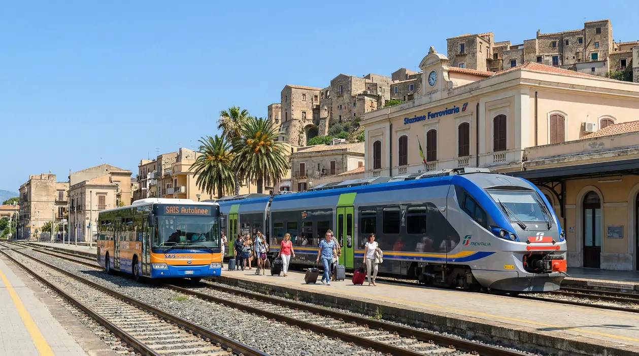 Treno regionale e autobus in una stazione ferroviaria siciliana con viaggiatori in partenza